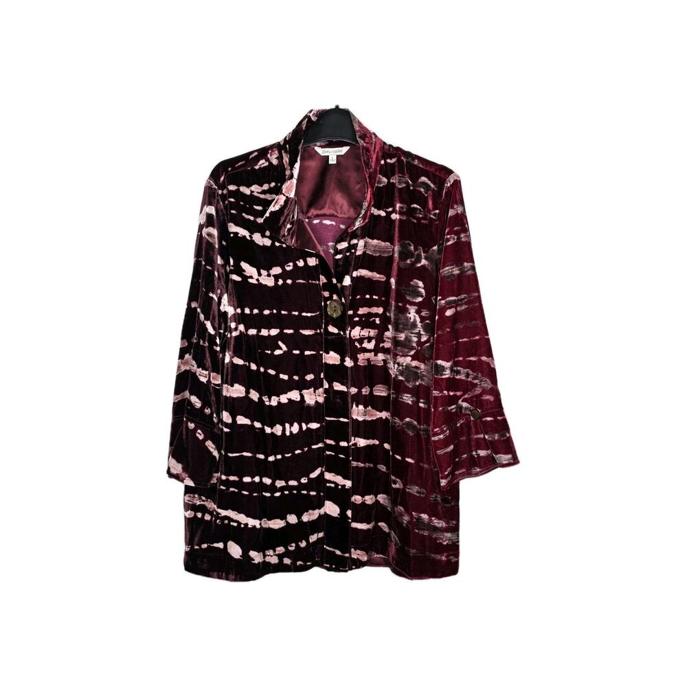 John Mark Womens Large Burnt Velvet Velour Top Tie Dye Wire Collar 3/4 Sleeve